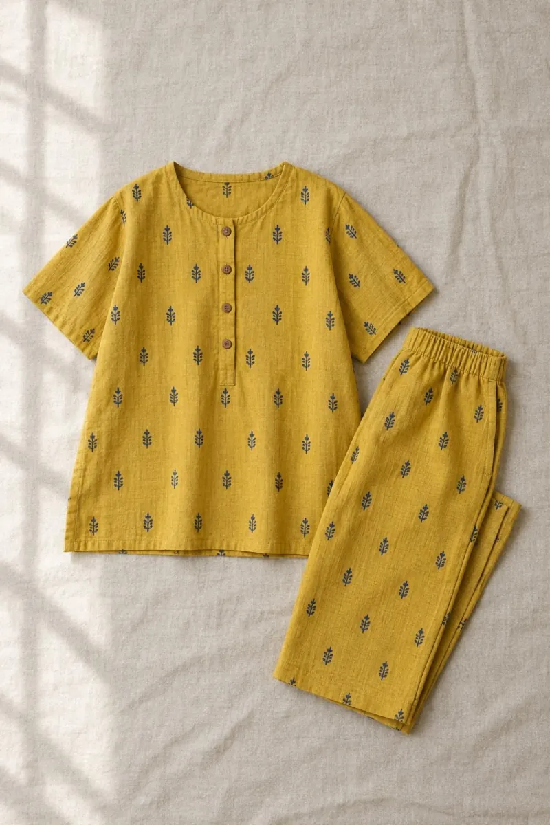 Yellow block-print co-ord set laid flat