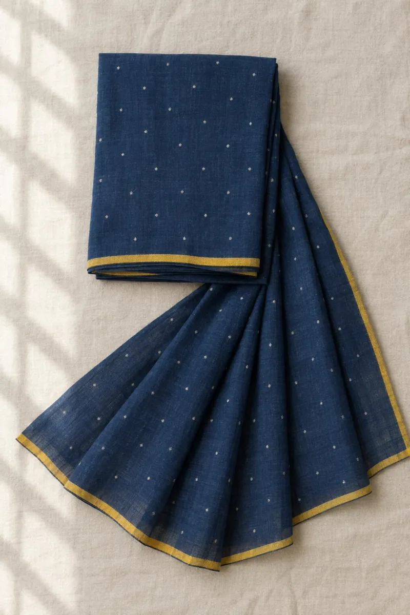 Indigo saree laid flat on linen