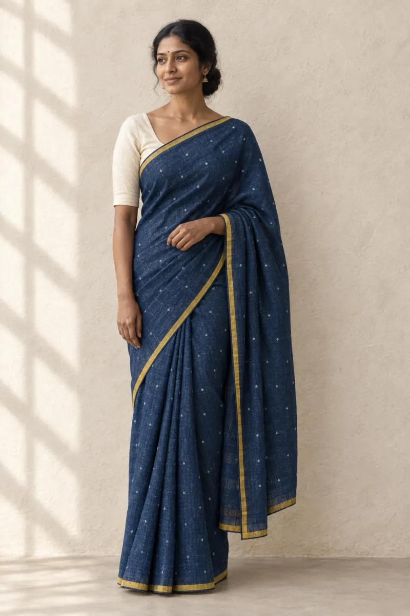 The same indigo saree worn by a model